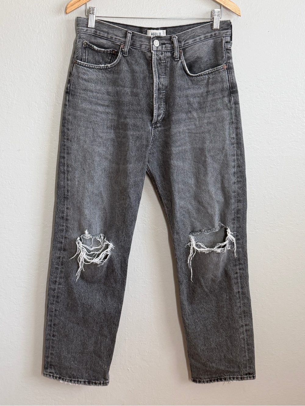 AGOLDE 90s Loose Straight Jeans Washed Black Grey Distressed Button Fly Size 27